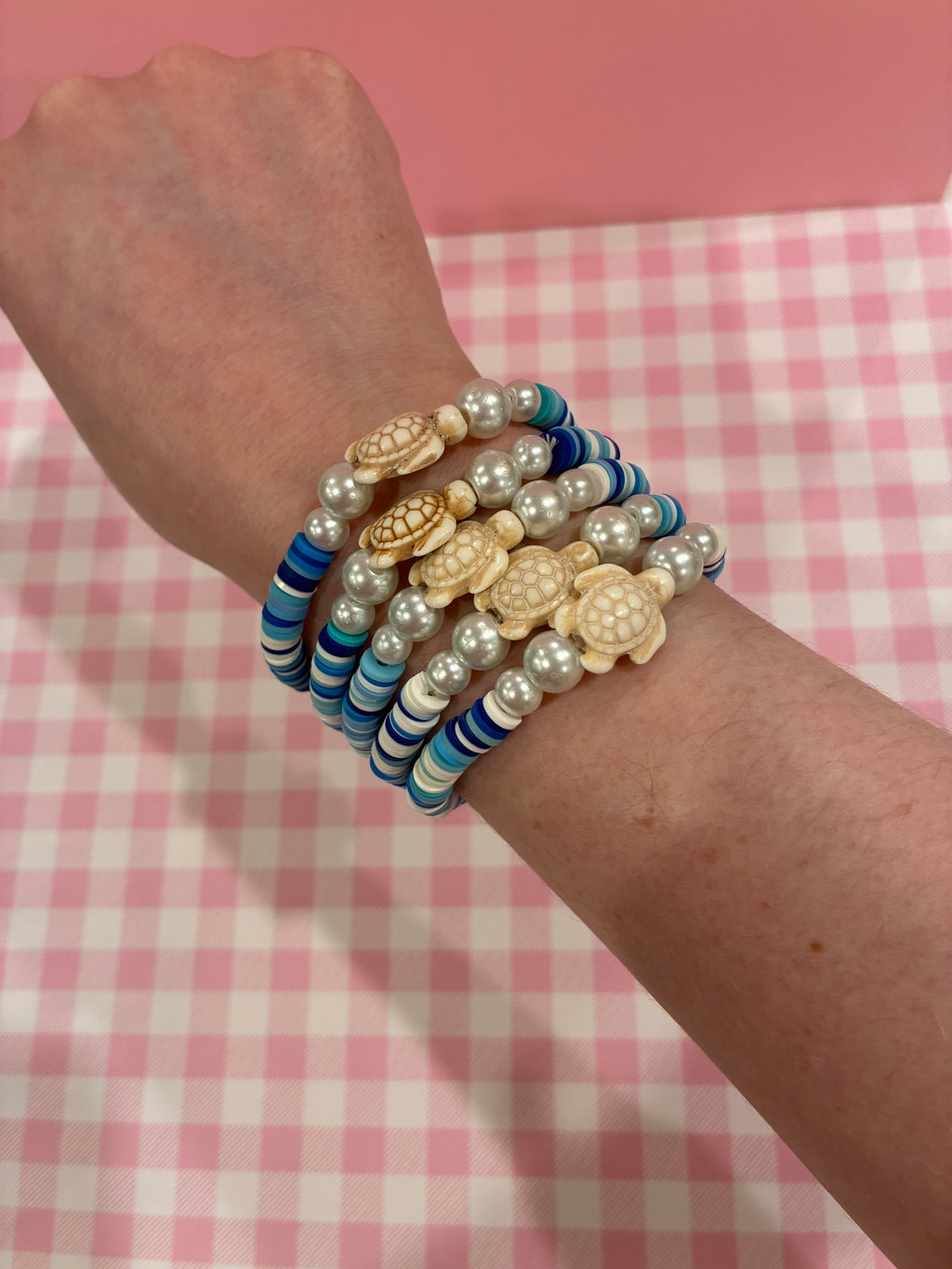 Blue Sea Turtle Pearl Clay Bead Bracelet