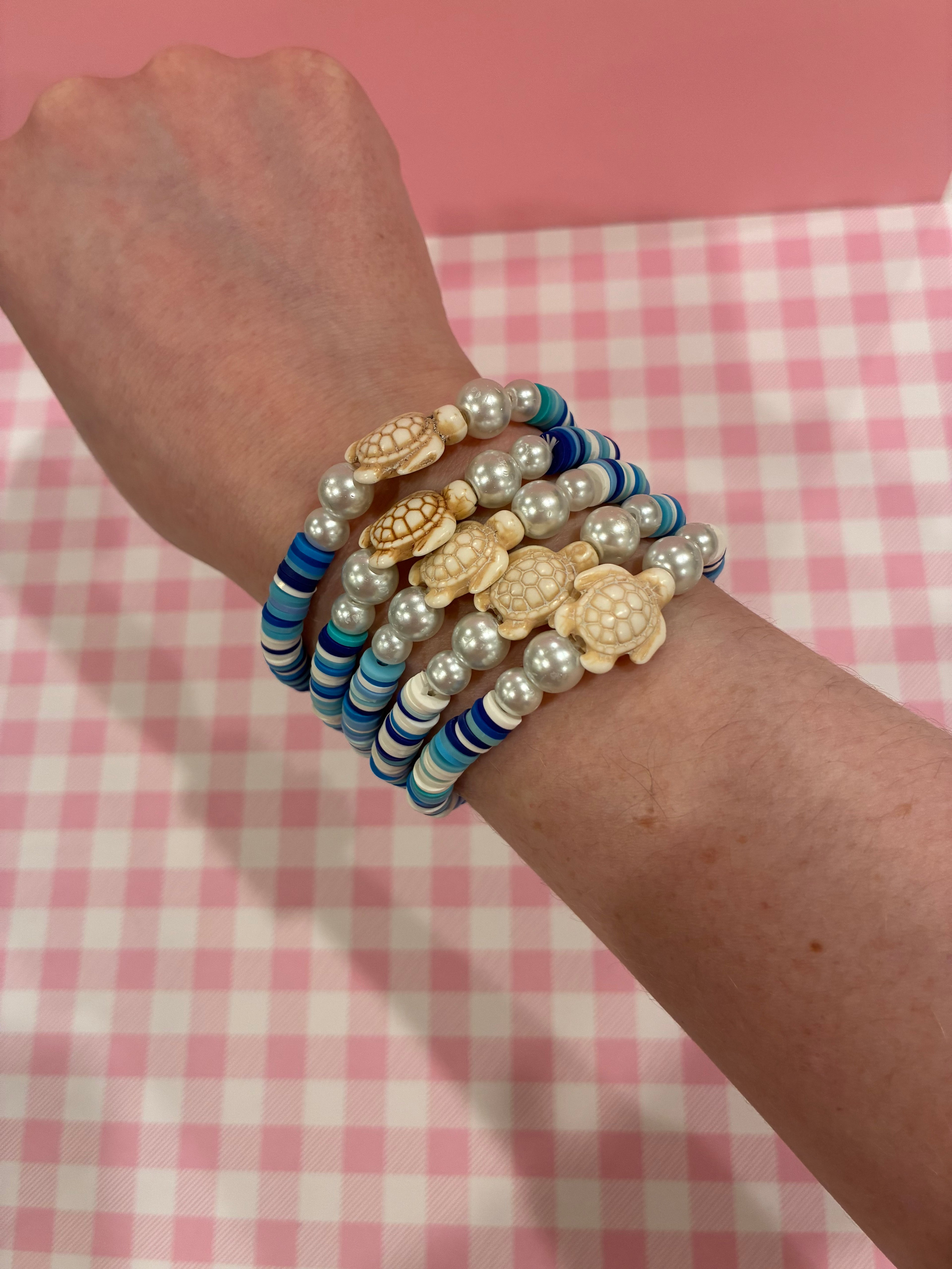 Blue Sea Turtle Pearl Clay Bead Bracelet